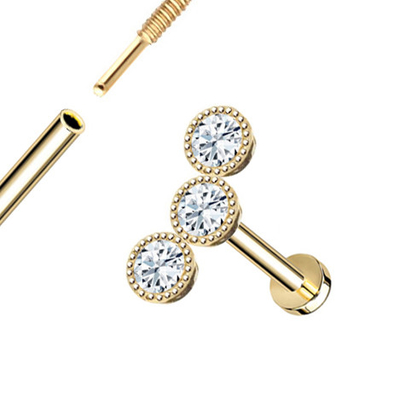 14K Gold Milgrain Triple Bezel Gwintowany płaski tył Stud Naturalny diament Piercing Biżuteria