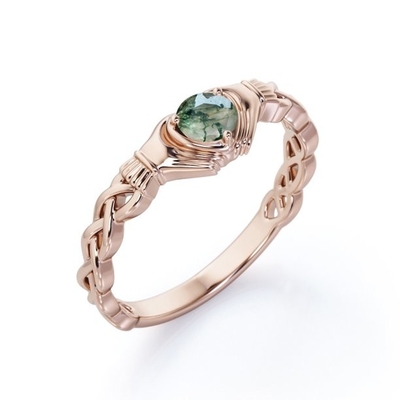 Okrągły Brilliant Cut Clear Druzy Moss Zielony Agat - Pleciony Pierścionek Zaręczynowy