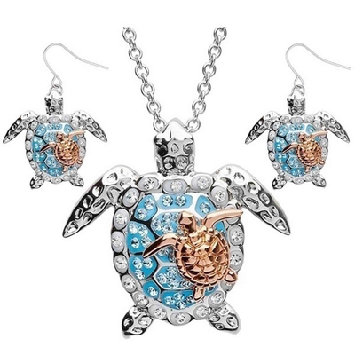 Sterling Silver Blue Sea Turtle Wisiorek Naszyjnik Biżuteria dla Kobiet Ladies Turtle Animal Earrings