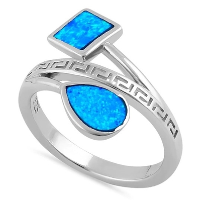 Sterling Sliver 925 Starożytny Grecki Meander Key Nowoczesna Fala Projekt Niebieski Opal Pierścień Dla Kobiet