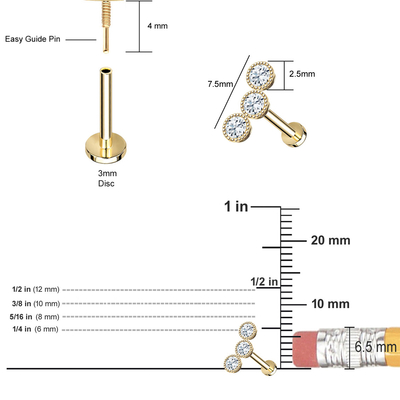 14K Gold Milgrain Triple Bezel Gwintowany płaski tył Stud Naturalny diament Piercing Biżuteria