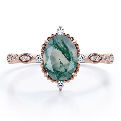 Owalny naturalny zielony mech agat artystyczny alternatywny pierścionek zaręczynowy-Handmade Wedding Ring