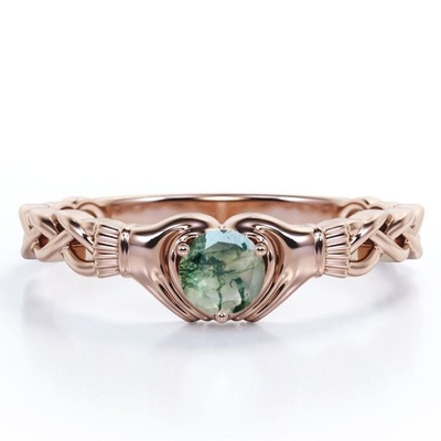 Okrągły Brilliant Cut Clear Druzy Moss Zielony Agat - Pleciony Pierścionek Zaręczynowy