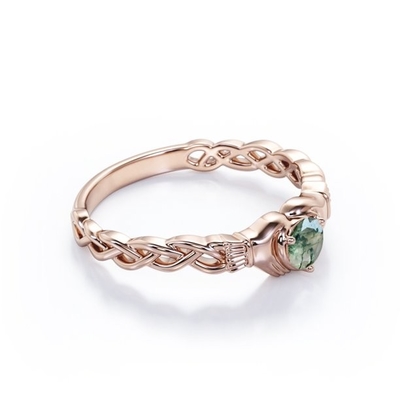Okrągły Brilliant Cut Clear Druzy Moss Zielony Agat - Pleciony Pierścionek Zaręczynowy