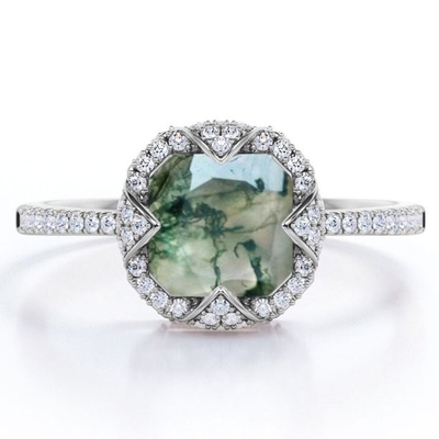 Halo Bezel Cluster Asscher Cut Nieprzezroczysty mleczny mech Zielony agat i Moissanite Pave Pierścionek zaręczynowy