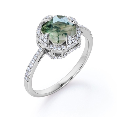 Halo Bezel Cluster Asscher Cut Nieprzezroczysty mleczny mech Zielony agat i Moissanite Pave Pierścionek zaręczynowy