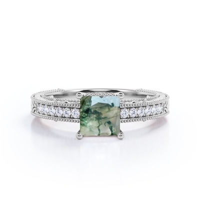 Princess Cut Natural Druzy Moss Zielony Agat I Moissanite Milgrain Border Wiktoriański Pierścionek Zaręczynowy