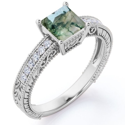 Princess Cut Natural Druzy Moss Zielony Agat I Moissanite Milgrain Border Wiktoriański Pierścionek Zaręczynowy