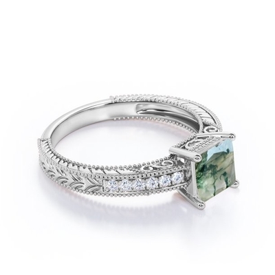 Princess Cut Natural Druzy Moss Zielony Agat I Moissanite Milgrain Border Wiktoriański Pierścionek Zaręczynowy