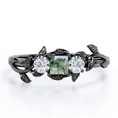 Branch Leaf Design Carat Princess Cut Milky White Moss Green Agate i Moissanite Poszycie na srebrze