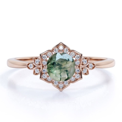 Vintage Design 4 Prong okrągły kształt mlecznobiały Druzy Moss zielony agat i Moissanite kwiatowy klaster pierścionek zaręczynowy