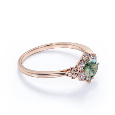 Vintage Design 4 Prong okrągły kształt mlecznobiały Druzy Moss zielony agat i Moissanite kwiatowy klaster pierścionek zaręczynowy