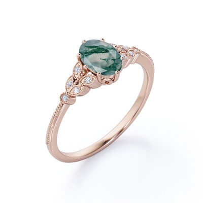 Marquise-shape Filigran Milgrain Ovate Natural Druzy Moss Zielony Agat I Moissanite Cluster 6 Prong Pierścionek zaręczynowy