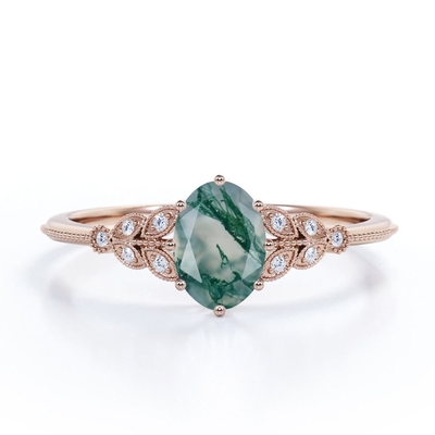 Marquise-shape Filigran Milgrain Ovate Natural Druzy Moss Zielony Agat I Moissanite Cluster 6 Prong Pierścionek zaręczynowy
