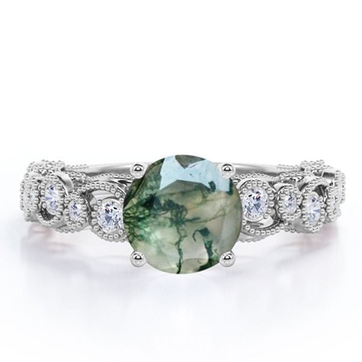 Milgrain filigran Flush okrągły prawdziwy Druzy Moss zielony agat i Moissanite 4 Prong pierścionek zaręczynowy w antycznym stylu