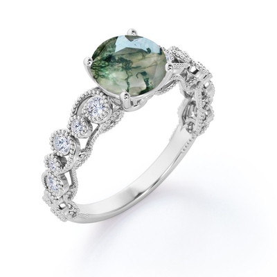 Milgrain filigran Flush okrągły prawdziwy Druzy Moss zielony agat i Moissanite 4 Prong pierścionek zaręczynowy w antycznym stylu