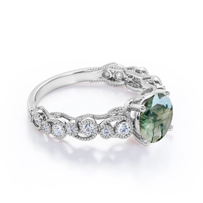 Milgrain filigran Flush okrągły prawdziwy Druzy Moss zielony agat i Moissanite 4 Prong pierścionek zaręczynowy w antycznym stylu
