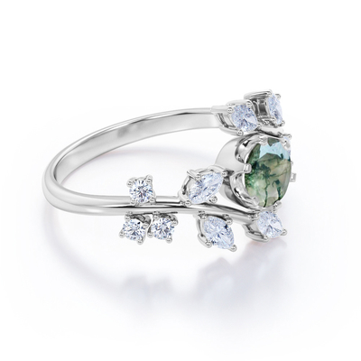 Filigranowa tiara w jodełkę 0,6 karata Round Cut Moss Green Agat i diamentowa obrączka w kolorze różowego złota
