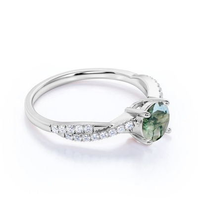 Okrągły Naturalny Druzy Moss Zielony Agat I Moissanite Pave Twisted Nieskończoność Pierścionek Zaręczynowy