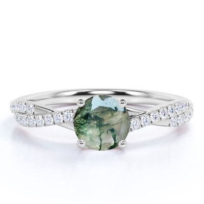 Okrągły Naturalny Druzy Moss Zielony Agat I Moissanite Pave Twisted Nieskończoność Pierścionek Zaręczynowy