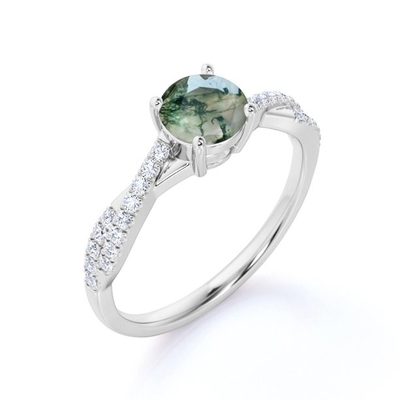 Okrągły Naturalny Druzy Moss Zielony Agat I Moissanite Pave Twisted Nieskończoność Pierścionek Zaręczynowy