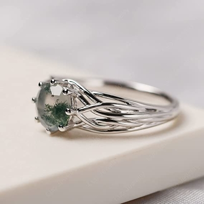 925 Sterling Silver okrągły krój 7 MM pierścionek z agatem mchu spersonalizowany pierścionek przyrzeczenia abstrakcyjny pierścionek dla kobiet