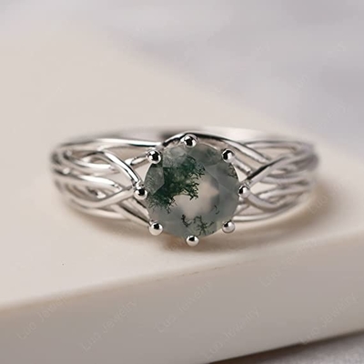 925 Sterling Silver okrągły krój 7 MM pierścionek z agatem mchu spersonalizowany pierścionek przyrzeczenia abstrakcyjny pierścionek dla kobiet