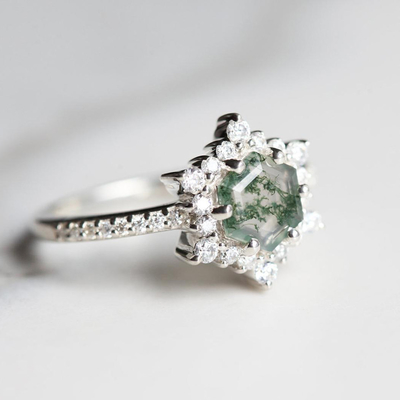 Filigranowa tiara w jodełkę 0,6 karata Round Cut Moss Green Agat i diamentowa obrączka w kolorze różowego złota
