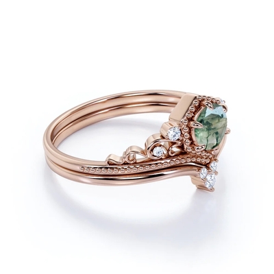 Filigranowa tiara w jodełkę 0,6 karata Round Cut Moss Green Agat i diamentowa obrączka w kolorze różowego złota