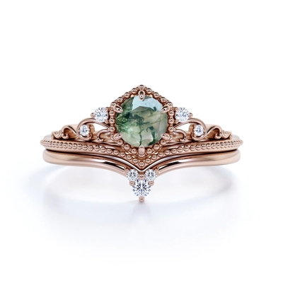 Filigranowa tiara w jodełkę 0,6 karata Round Cut Moss Green Agat i diamentowa obrączka w kolorze różowego złota