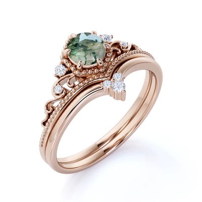 Filigranowa tiara w jodełkę 0,6 karata Round Cut Moss Green Agat i diamentowa obrączka w kolorze różowego złota