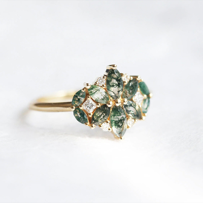 Naturalny mech agat w kształcie kwiatu Marquise Blossom Diamond Wedding Cluster Ring
