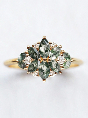 Naturalny mech agat w kształcie kwiatu Marquise Blossom Diamond Wedding Cluster Ring