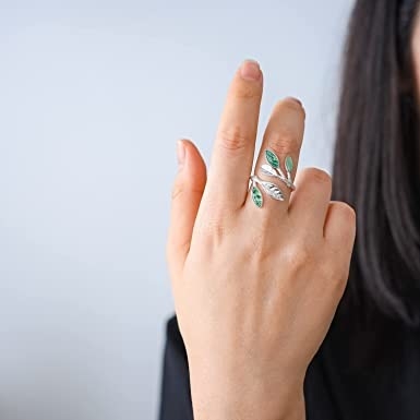 925 Sterling Silver Marquise Shape Jade Aventurine otwarte pierścienie z liśćmi oliwne pierścienie z liśćmi ręcznie robiona biżuteria wyjątkowe prezenty dla Wo