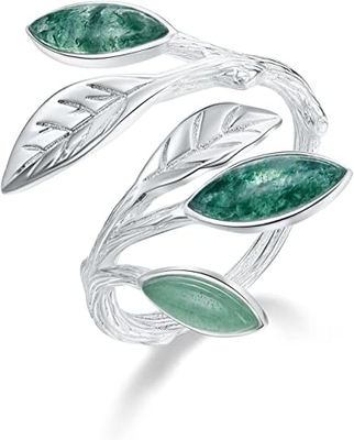 925 Sterling Silver Marquise Shape Jade Aventurine otwarte pierścienie z liśćmi oliwne pierścienie z liśćmi ręcznie robiona biżuteria wyjątkowe prezenty dla Wo