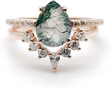 Sześciokątny szlif naturalny agat z mchu Vintage unikalny pierścionek zaręczynowy Moissanite w stylu Art Deco