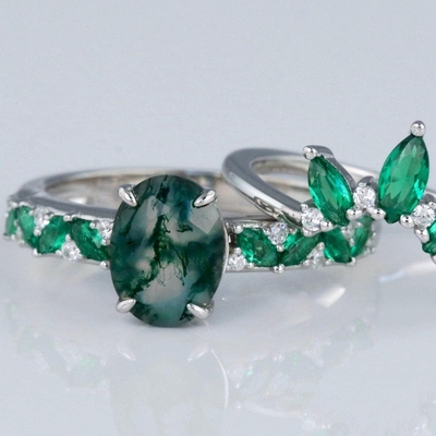 Sześciokątny szlif naturalny agat z mchu Vintage unikalny pierścionek zaręczynowy Moissanite w stylu Art Deco