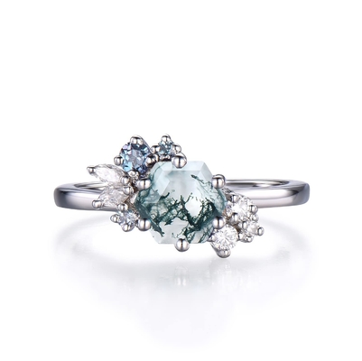 Sześciokątny szlif naturalny agat z mchu Vintage unikalny pierścionek zaręczynowy Moissanite w stylu Art Deco