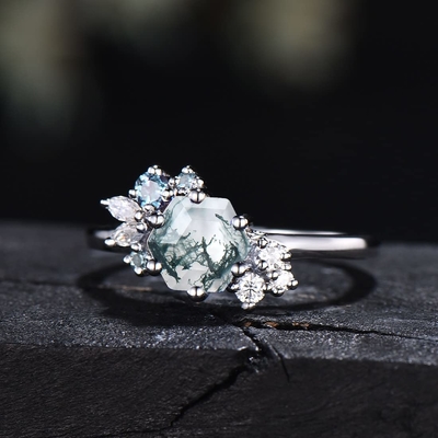 Sześciokątny szlif naturalny agat z mchu Vintage unikalny pierścionek zaręczynowy Moissanite w stylu Art Deco