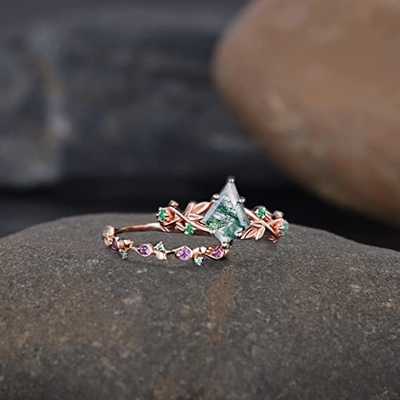 Solidne różowe złoto 1,25 ct inspirowane naturalnym liściem agatu mchu Biżuteria Cluster Emerald Aquatic