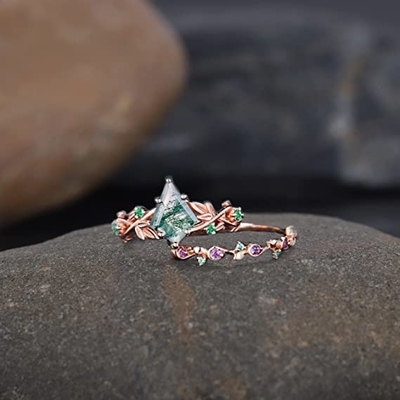 Solidne różowe złoto 1,25 ct inspirowane naturalnym liściem agatu mchu Biżuteria Cluster Emerald Aquatic