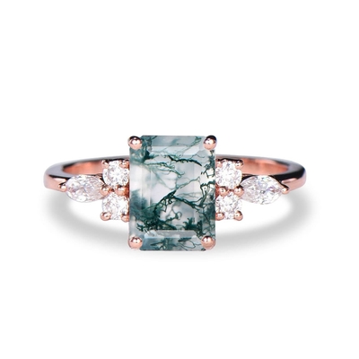 Emerald Cut Antique Aquatic Green Agate Stone Ring Hipoalergiczny
