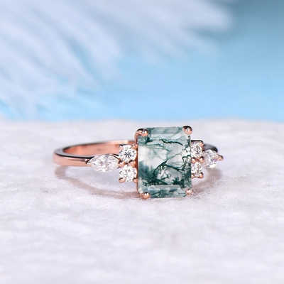 Emerald Cut Antique Aquatic Green Agate Stone Ring Hipoalergiczny