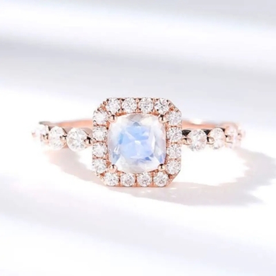 925 Sterling Silver Halo CZ Biżuteria Sześciokąt Naturalny Niebieski Kamień Księżycowy Pierścień