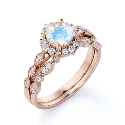 New Style 925 Sterling Silver Blue Moonstone Pierścionki Zaręczynowe Okrągły Moonstone Wedding Ring Set