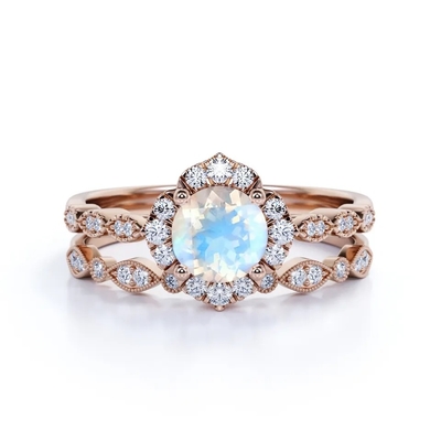 New Style 925 Sterling Silver Blue Moonstone Pierścionki Zaręczynowe Okrągły Moonstone Wedding Ring Set