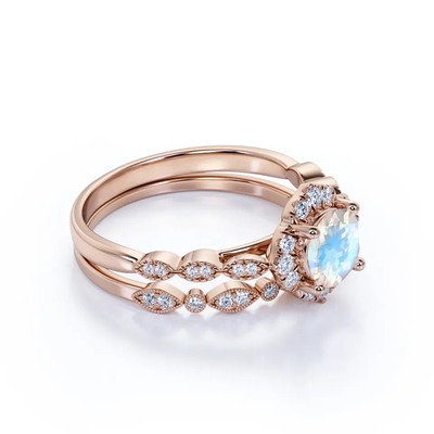 New Style 925 Sterling Silver Blue Moonstone Pierścionki Zaręczynowe Okrągły Moonstone Wedding Ring Set
