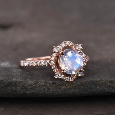 925 Sterling Silver naturalny kamień szlachetny biżuteria okrągły fasetowany tęczowy kamień księżycowy pierścionek zaręczynowy