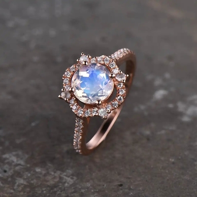 14 K różowe złoto owalny Cabochon Cut kamień księżycowy pierścionek zaręczynowy kamień księżycowy halo pierścionki biżuteria