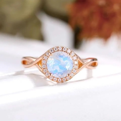 925 Sterling Silver naturalny kamień szlachetny biżuteria okrągły fasetowany tęczowy kamień księżycowy pierścionek zaręczynowy